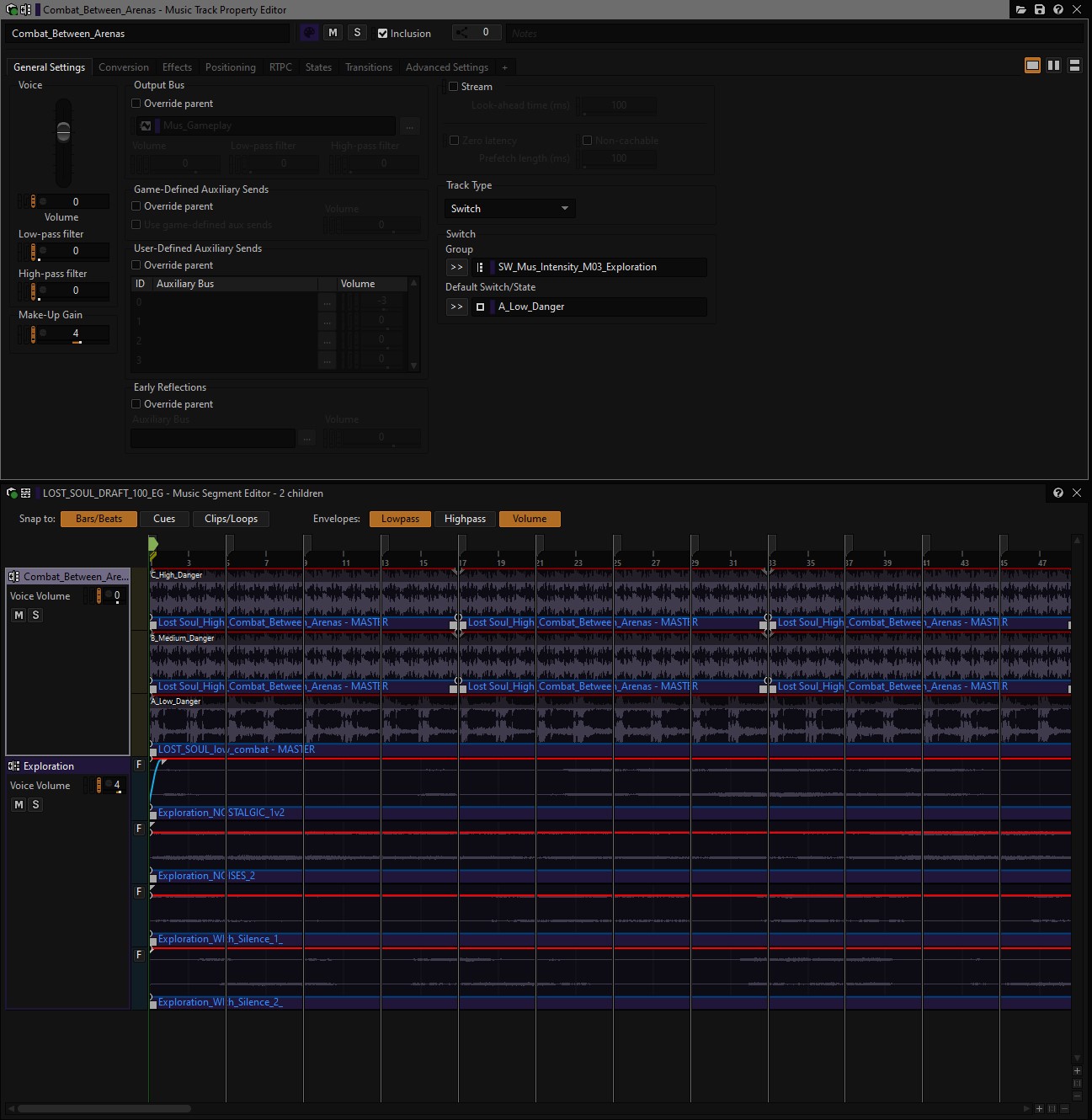 Wwise music tracks showing layered between-arena adaptive music