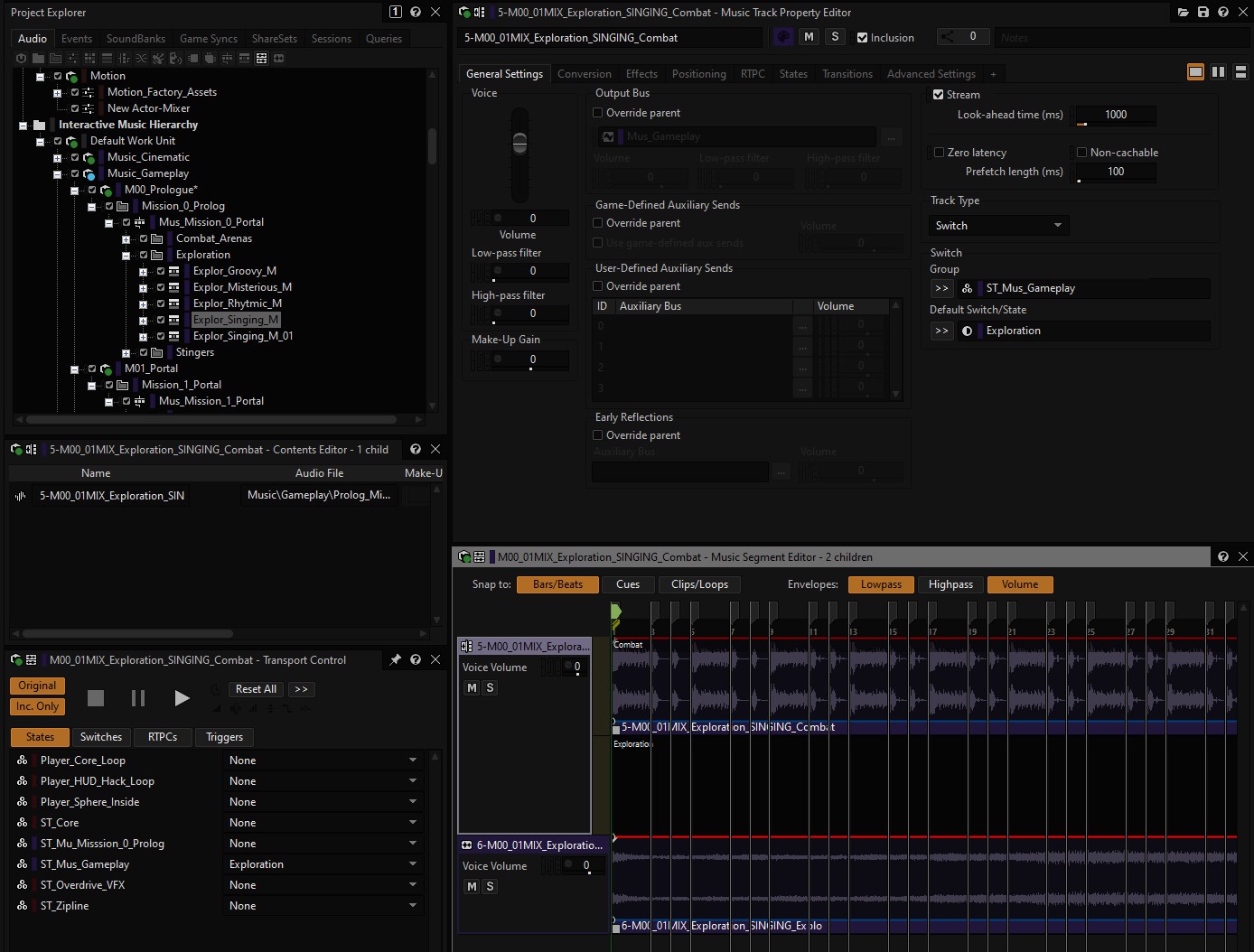 Wwise between-arena layering setup and adaptive music track example